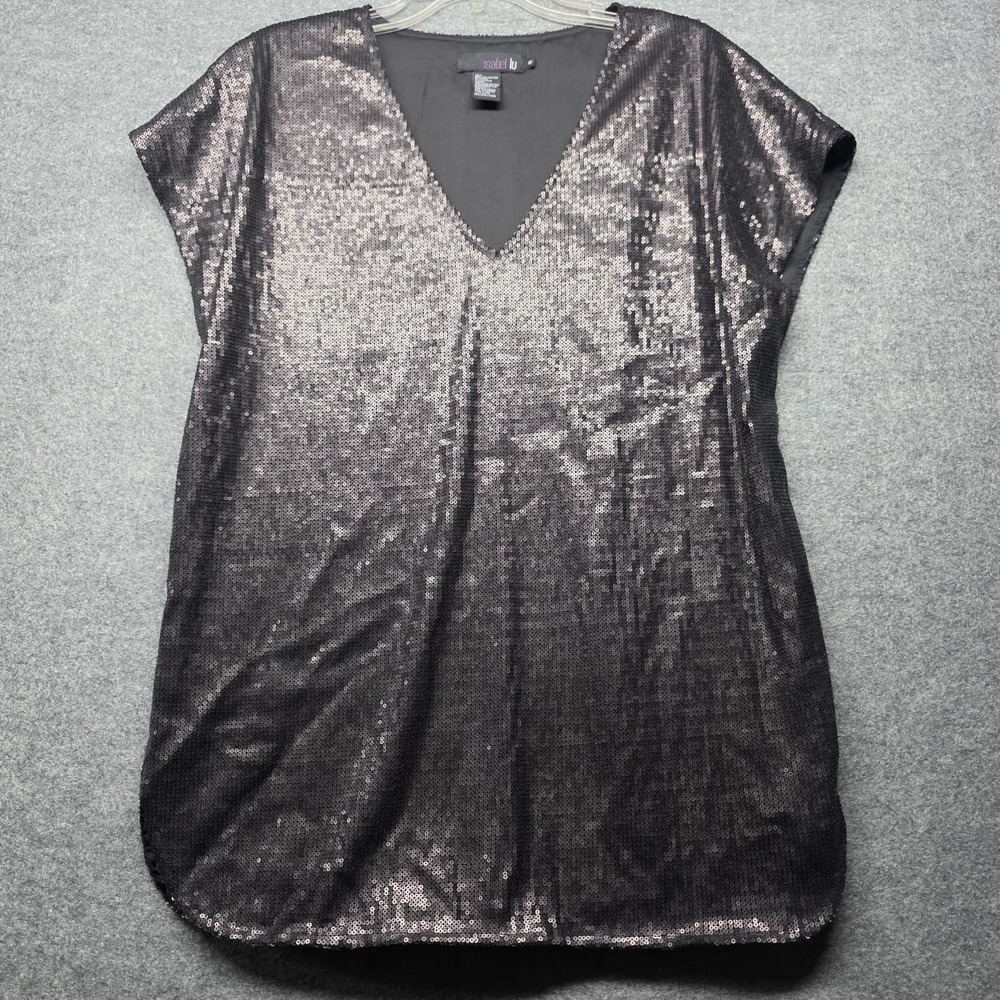 Isabel Lu Women's Black Metallic Silk Blend V Neck Tunic Top Dress Size M